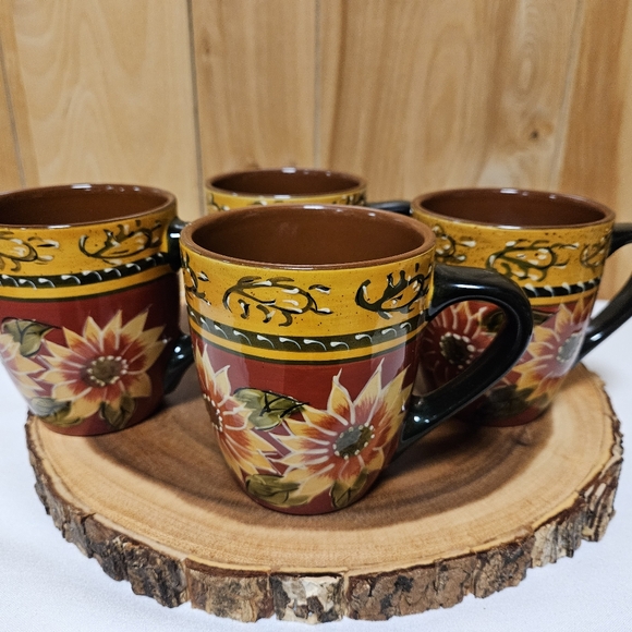 Pier 1 Imports Mugs Sunflower Terracotta Hand Painted Textured Set of 4